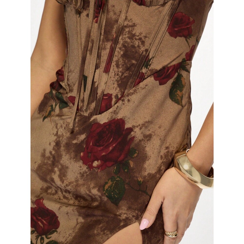 NWT Missguided Corset Bustier Rose Print Maxi Dress Thigh Split Floral Y2K Sz M - Picture 3 of 11